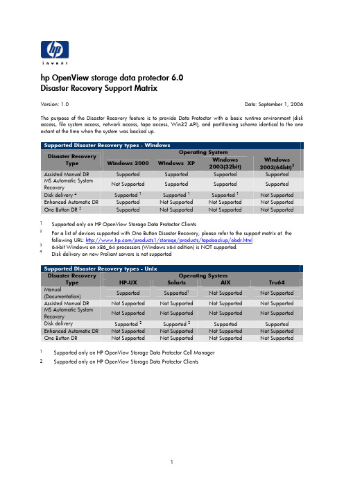 惠普（HP）OpenView Storage Data Protector 6.0 灾难恢复支持矩阵