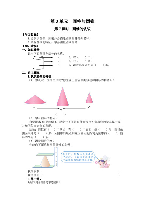 最新人教版小学六年级数学下册《圆锥的认识》导学案