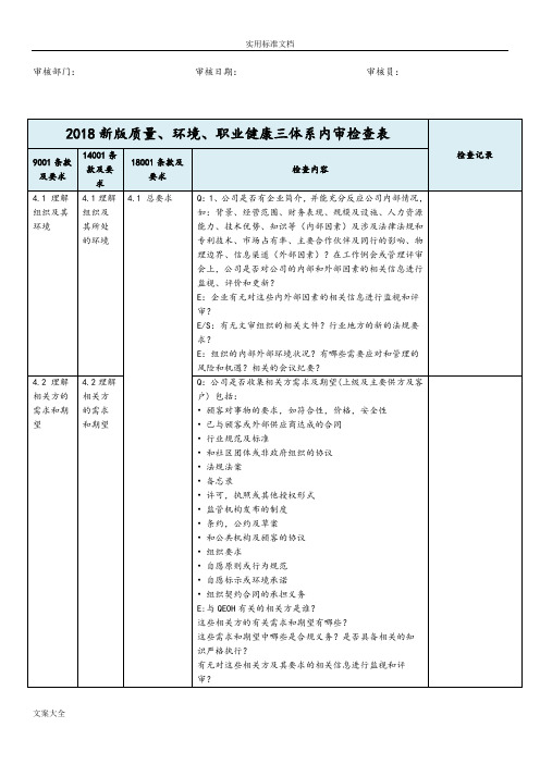 2018新版三体系内审检查表