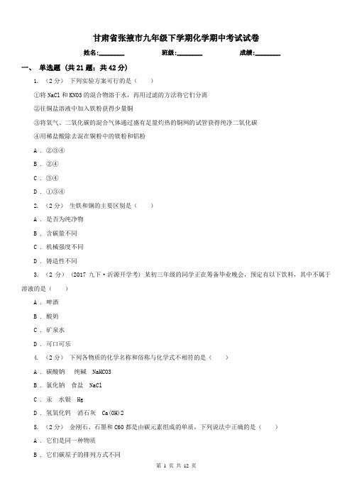 甘肃省张掖市九年级下学期化学期中考试试卷