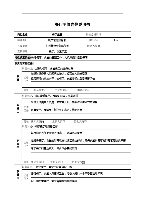 PZGLI007-品质管理-餐厅主管岗位说明书