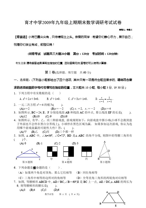育才中学2009年九年级上期期末数学调研考试试卷1