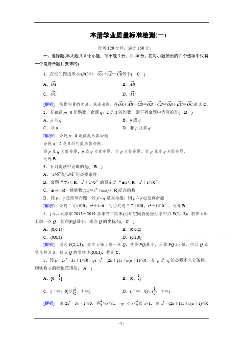 2020秋高中数学人教A版选修2-1课时作业：本册学业质量标准检测1 