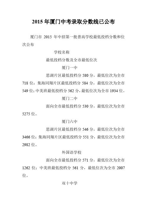 2015年厦门中考录取分数线已公布