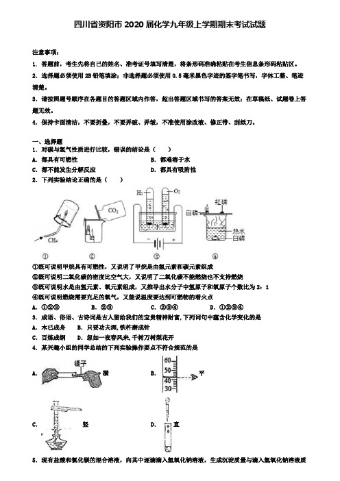 四川省资阳市2020届化学九年级上学期期末考试试题