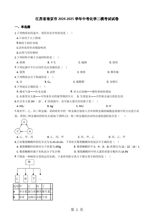 江苏省南京市2024-2025学年中考化学二模考试试卷(解析版)