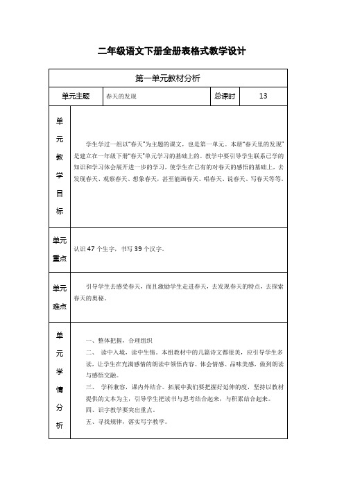 二年级语文下册全册表格式教学设计