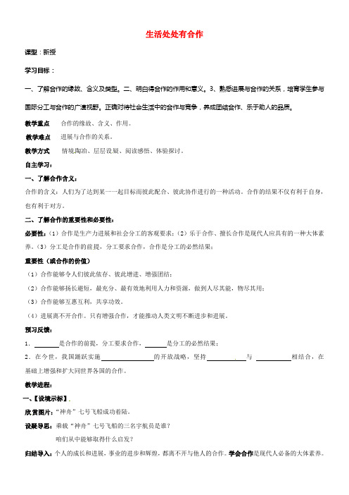 九年级政治全册第二单元合作诚信第4课学会合作第1框生活处处有合作教学案无答案苏教版