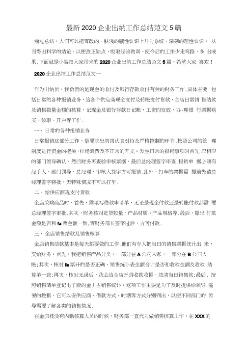 最新2020企业出纳工作总结范文5篇