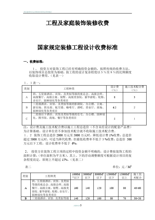国家规定装修工程设计收费及家庭收费标准
