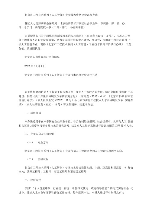 北京市工程技术系列专业技术资格评价试行办法