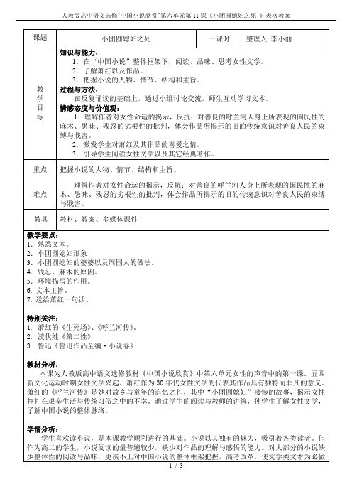 人教版高中语文选修“中国小说欣赏”第六单元第11课《小团圆媳妇之死 》表格教案
