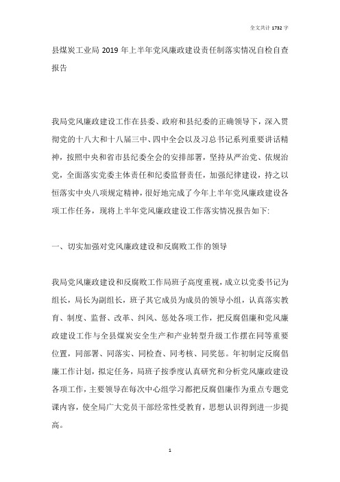 县煤炭工业局2019年上半年党风廉政建设责任制落实情况自检自查报告