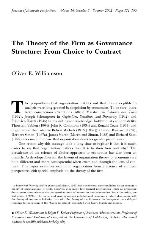 The Theory of the Firm as Governance