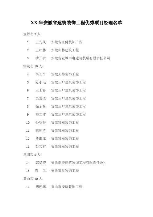 XX年安徽省建筑装饰工程优秀项目经理名单
