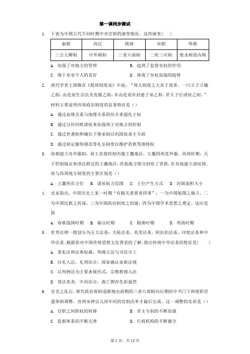 2020-2021学年人教统编版选择性必修一第一单元第1课中国古代政治制度的形成与发展同步测试