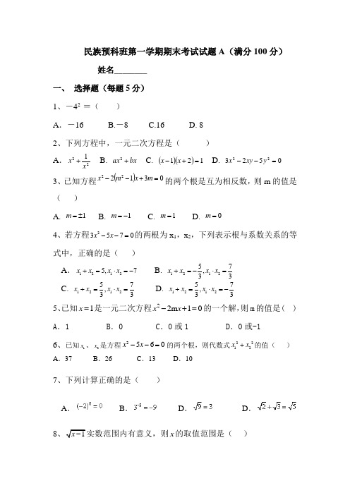 民族预科班第一学期期末考试试题A