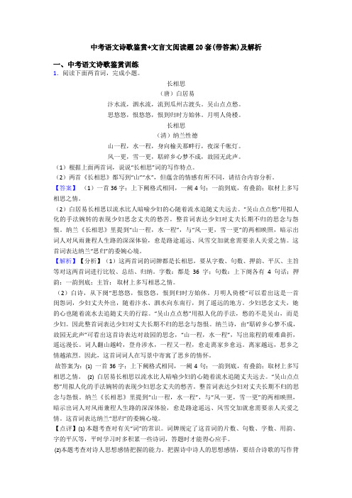 中考语文诗歌鉴赏+文言文阅读题20套(带答案)及解析