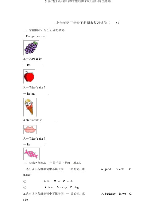 【3套打包】湘少版三年级下册英语期末单元检测试卷(含答案)