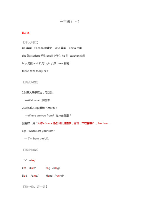 三年级下英语知识整理--(1-3单元)知识整理 人教(新起点)(2014秋)