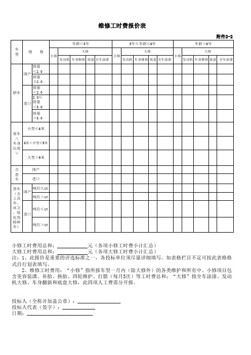 维修工时费报价表