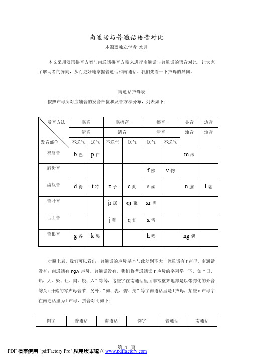 南通话与普通话语音对比