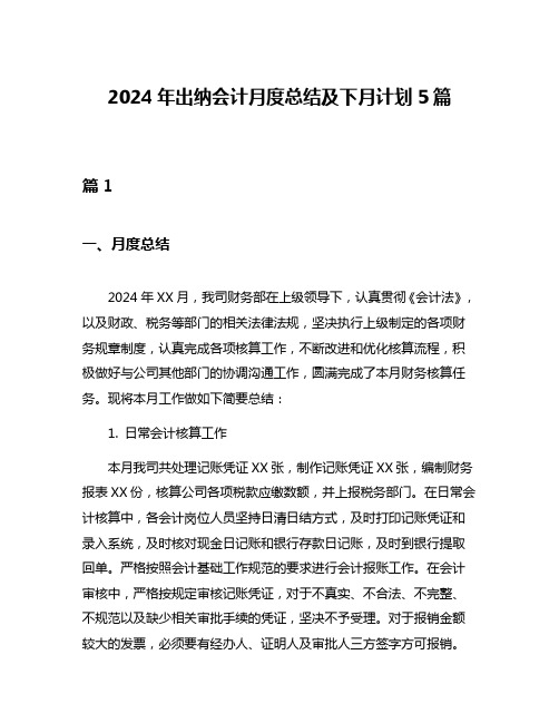 2024年出纳会计月度总结及下月计划5篇