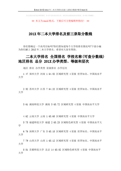 【2018最新】201X年二本大学排名及前三录取分数线-推荐word版 (16页)