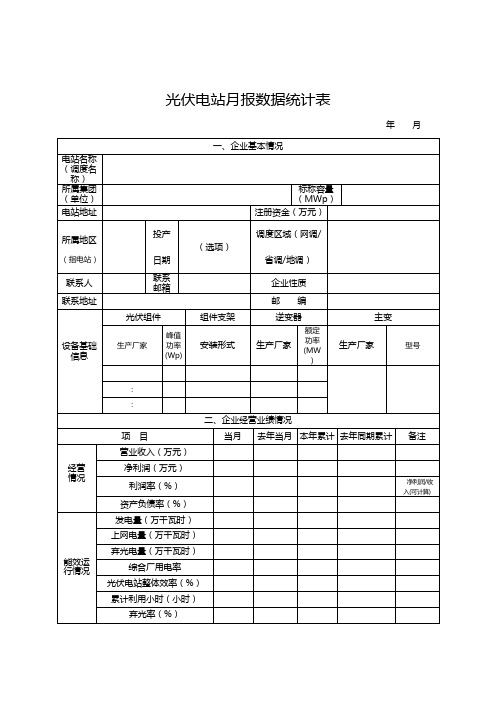 光伏电站月报数据统计表