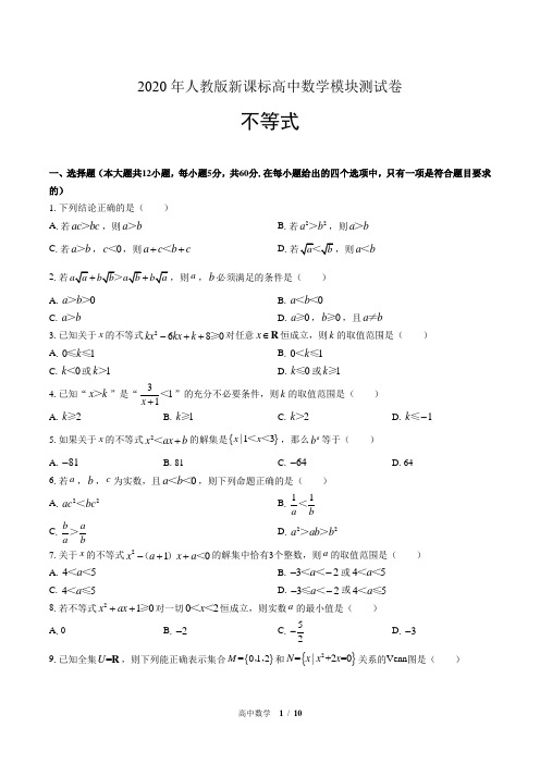 2020年人教版高中数学单元测试-不等式(附答案)