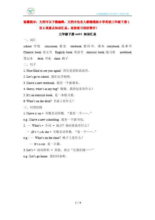 人教精通版小学英语三年级下册1至6课重点知识汇总