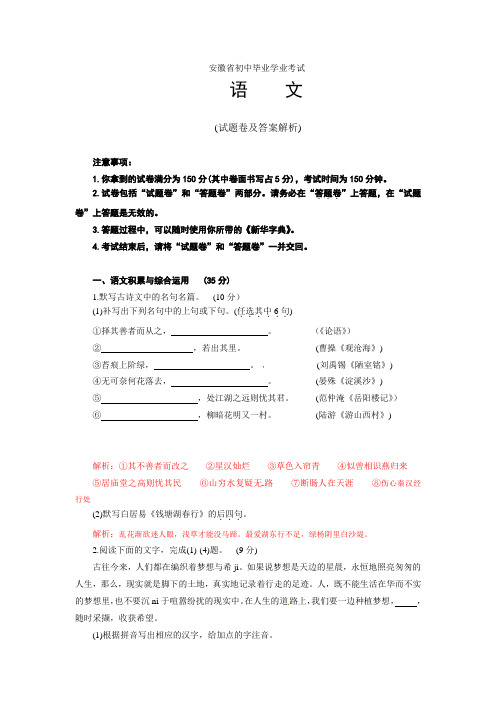2021年安徽语文中考语文试卷及答案