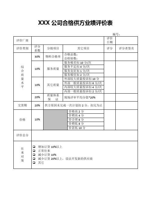 合格供方业绩评价表及填写指南