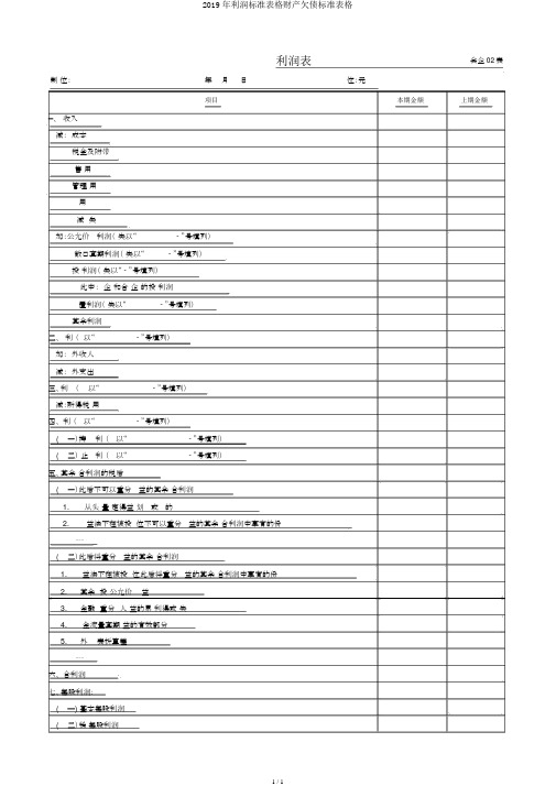 2019年利润标准表格资产负债标准表格