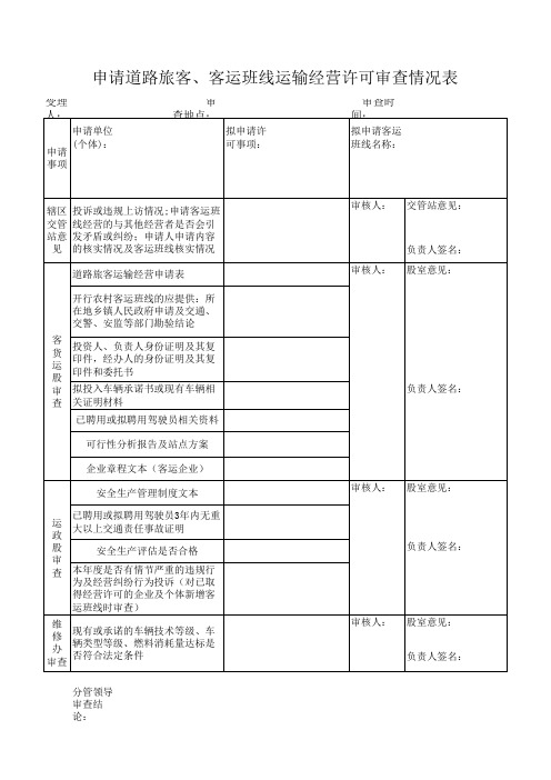 申请道路旅客、客运班线运输经营许可审查情况表