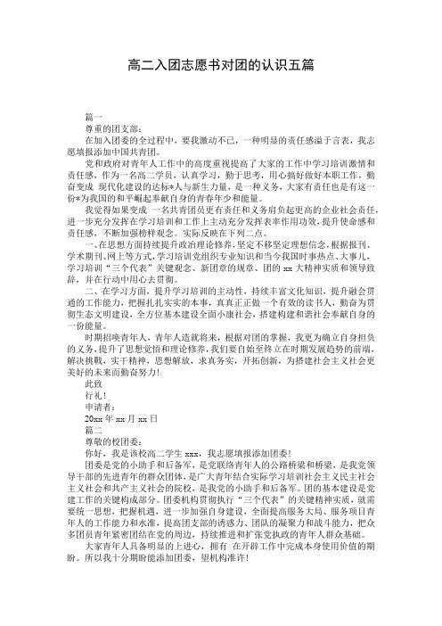 高二入团志愿书对团的认识五篇