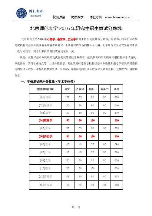 北京师范大学2016年研究生招生复试分数线