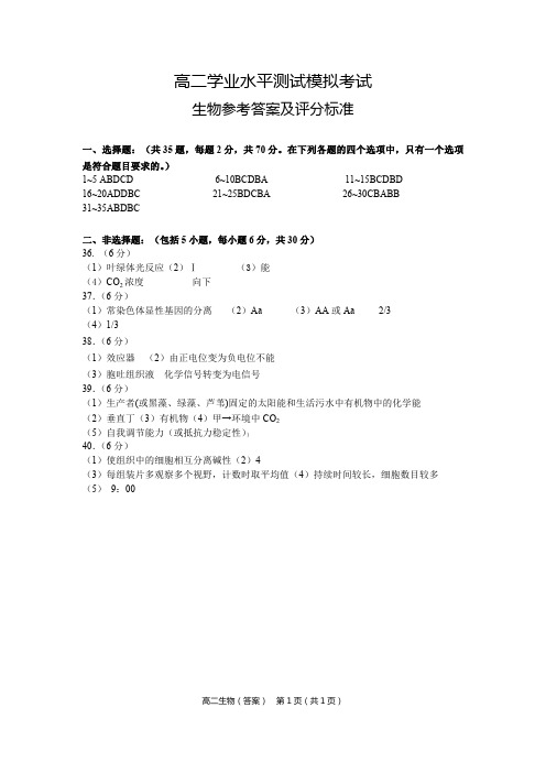 2019.3南通市2018-2019学年高二学业水平测试模拟考试-生物答案
