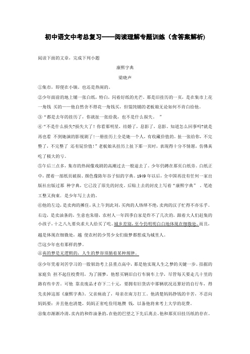 初中语文中考总复习阅读理解专题训练《梁晓声——康熙字典》(含答案解析) - 副本 (5)