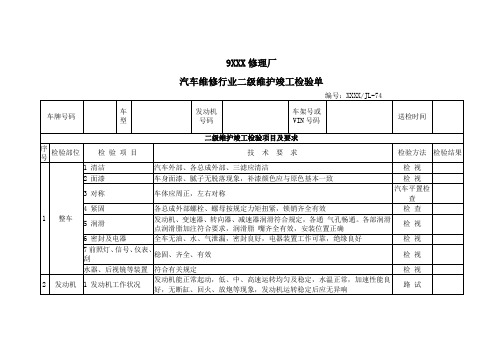 汽车维修行业二级维护竣工检验单