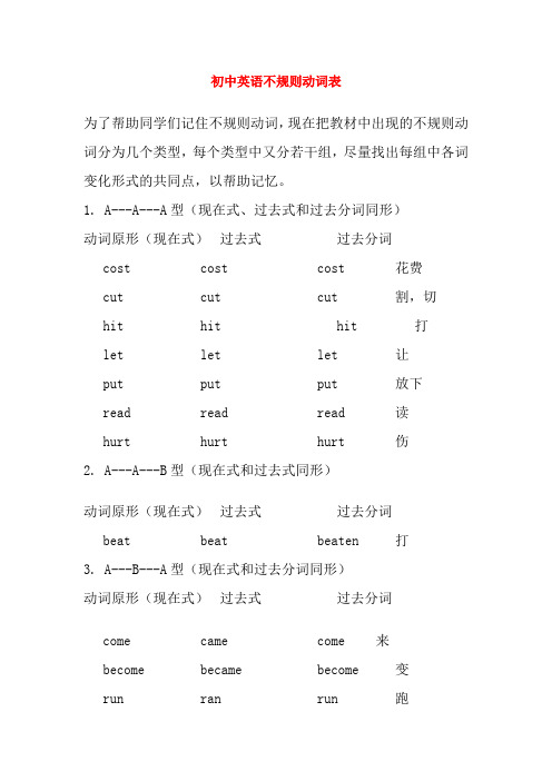 七年级英语下册 初中英语不规则动词表、素材 人教新课标版