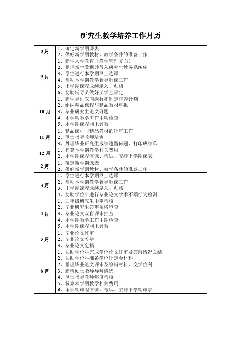 研究生教学培养工作月历