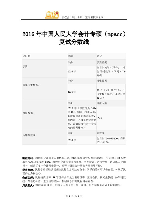2016年中国人民大学会计专硕(mpacc)复试分数线
