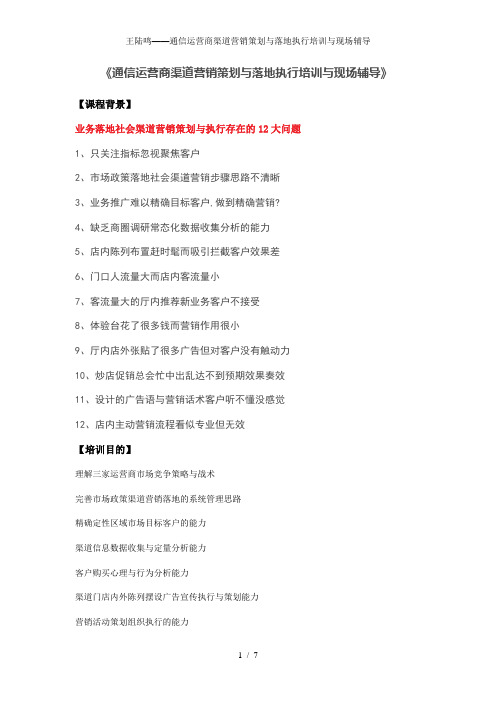 王陆鸣——通信运营商渠道营销策划与落地执行培训与现场辅导