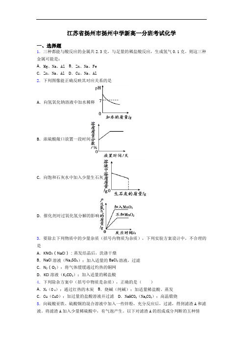 江苏省扬州市扬州中学新高一分班考试化学