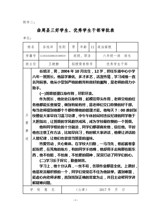 县三好学生优秀班干部、先进班集体审批表
