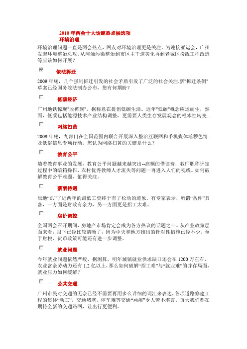2010年两会十大话题热点候选项