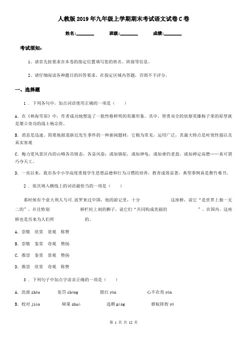 人教版2019年九年级上学期期末考试语文试卷C卷