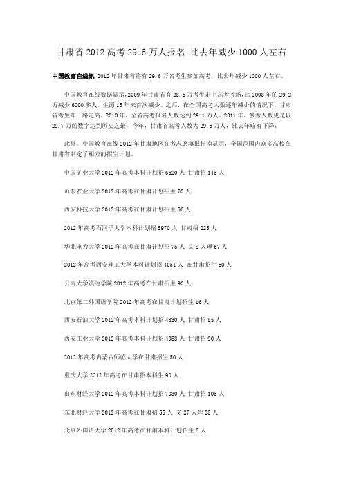 2012年高校在全国各省市招生计划：甘肃