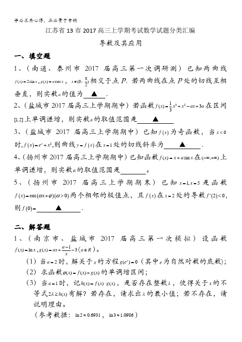 江苏省13市2017届高三上学期考试数学试题分类汇编：导数及其应用含答案
